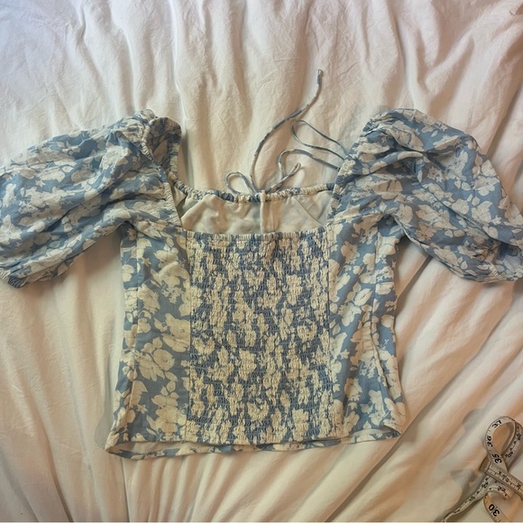 Abercrombie Blue and White Floral Linen Puff Sleeve Corset Blouse size Medium - Picture 12 of 12
